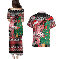 Latvia Christmas Couples Matching Puletasi and Hawaiian Shirt with Red Lion, Holiday Tree, and Nordic Pattern Design - Wonder Print Shop