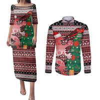 Latvia Christmas Couples Matching Puletasi and Long Sleeve Button Shirt with Red Lion, Holiday Tree, and Nordic Pattern Design - Wonder Print Shop