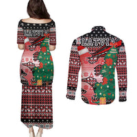 Latvia Christmas Couples Matching Puletasi and Long Sleeve Button Shirt with Red Lion, Holiday Tree, and Nordic Pattern Design - Wonder Print Shop