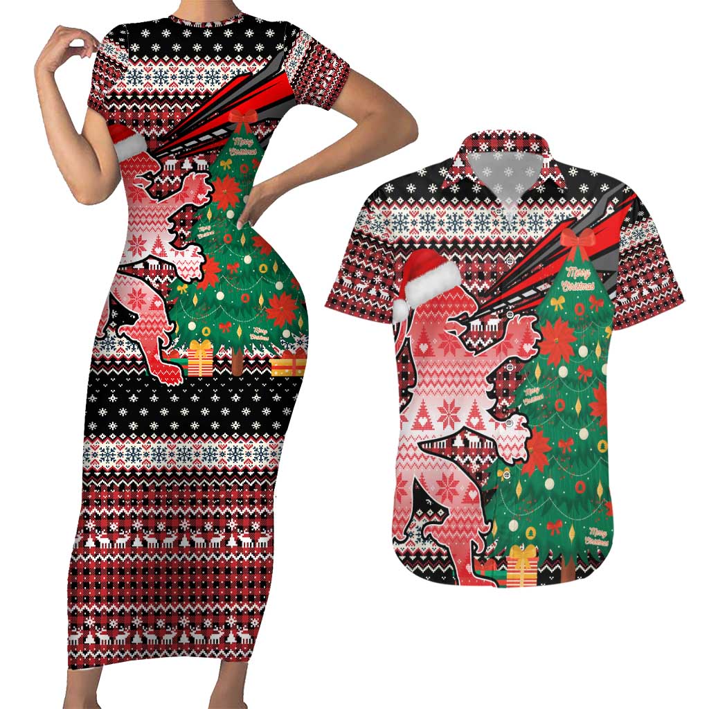 Latvia Christmas Couples Matching Short Sleeve Bodycon Dress and Hawaiian Shirt with Red Lion, Holiday Tree, and Nordic Pattern Design - Wonder Print Shop
