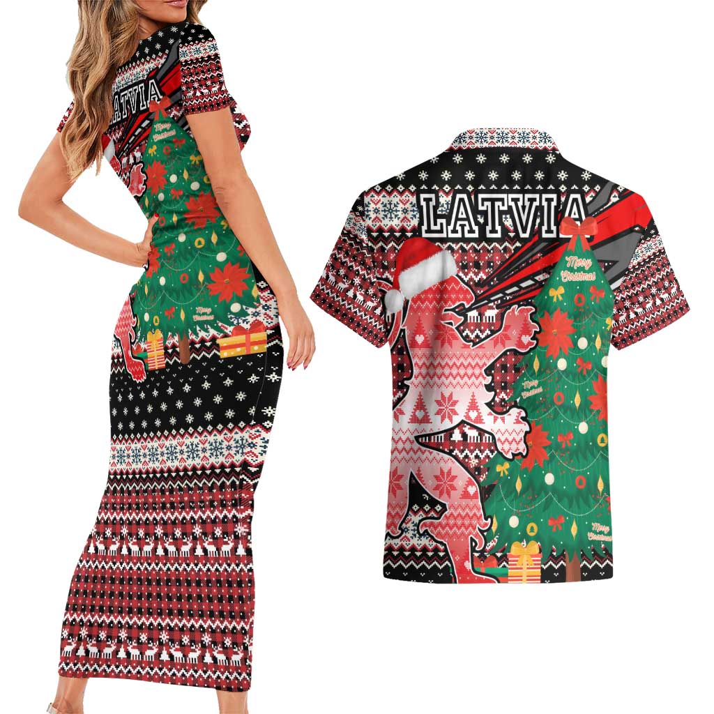 Latvia Christmas Couples Matching Short Sleeve Bodycon Dress and Hawaiian Shirt with Red Lion, Holiday Tree, and Nordic Pattern Design - Wonder Print Shop