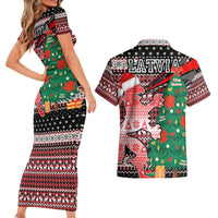 Latvia Christmas Couples Matching Short Sleeve Bodycon Dress and Hawaiian Shirt with Red Lion, Holiday Tree, and Nordic Pattern Design - Wonder Print Shop