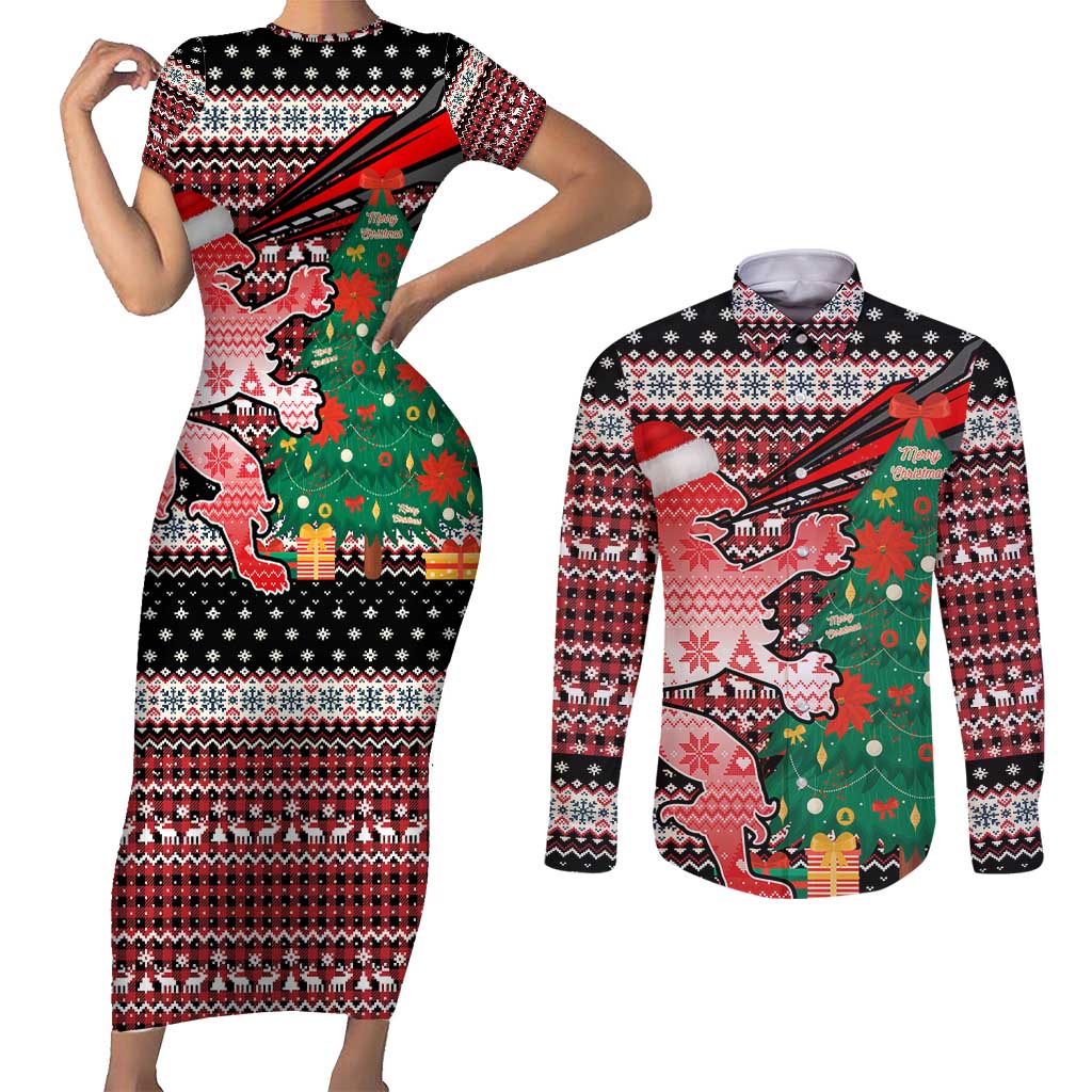 Latvia Christmas Couples Matching Short Sleeve Bodycon Dress and Long Sleeve Button Shirt with Red Lion, Holiday Tree, and Nordic Pattern Design - Wonder Print Shop