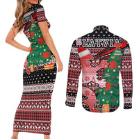 Latvia Christmas Couples Matching Short Sleeve Bodycon Dress and Long Sleeve Button Shirt with Red Lion, Holiday Tree, and Nordic Pattern Design - Wonder Print Shop