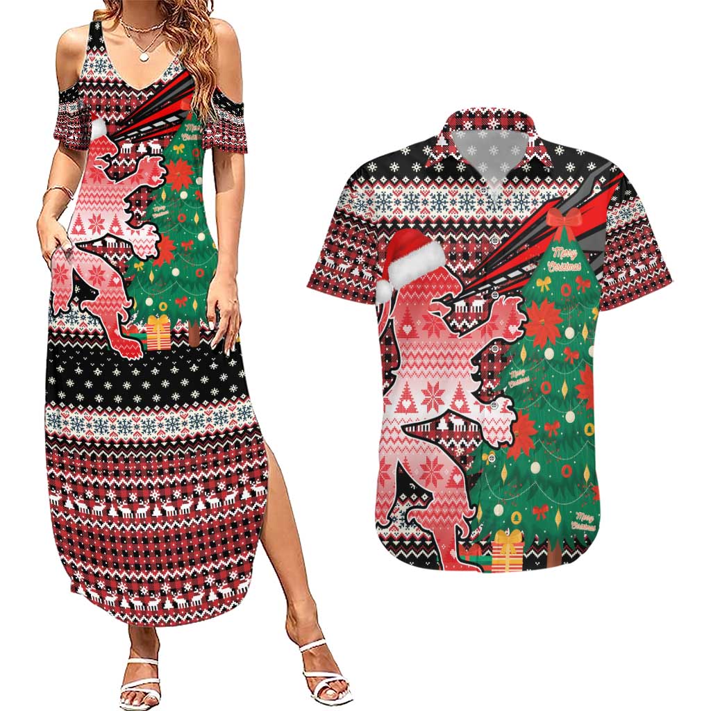 Latvia Christmas Couples Matching Summer Maxi Dress and Hawaiian Shirt with Red Lion, Holiday Tree, and Nordic Pattern Design - Wonder Print Shop