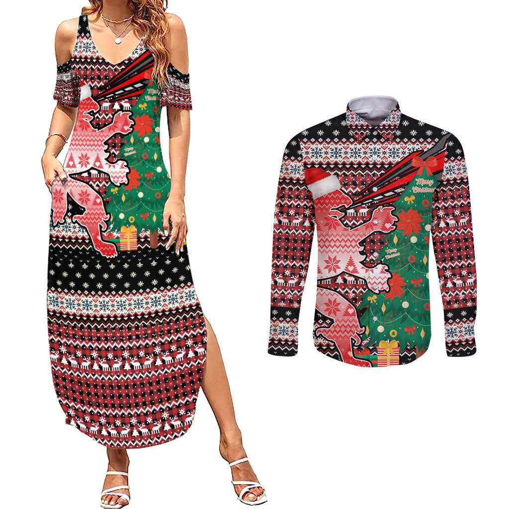 Latvia Christmas Couples Matching Summer Maxi Dress and Long Sleeve Button Shirt with Red Lion, Holiday Tree, and Nordic Pattern Design - Wonder Print Shop