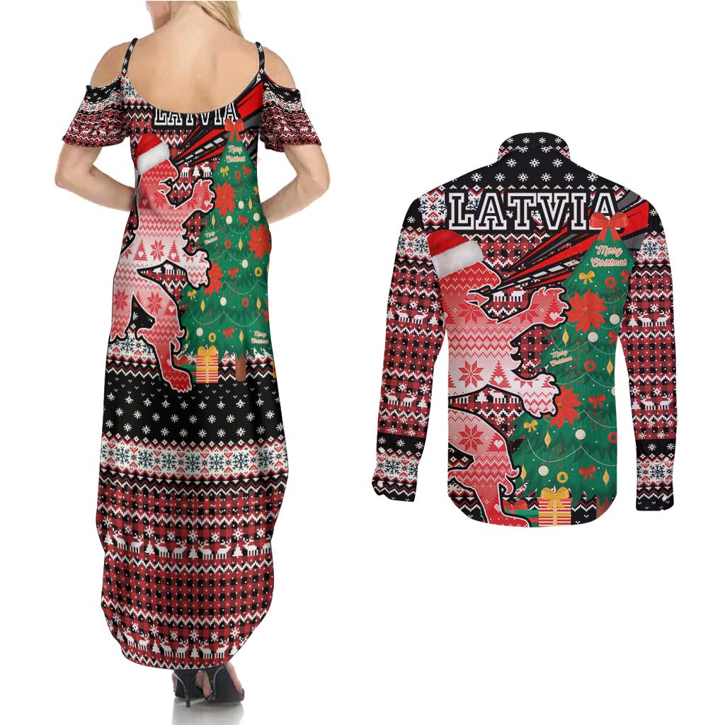 Latvia Christmas Couples Matching Summer Maxi Dress and Long Sleeve Button Shirt with Red Lion, Holiday Tree, and Nordic Pattern Design - Wonder Print Shop