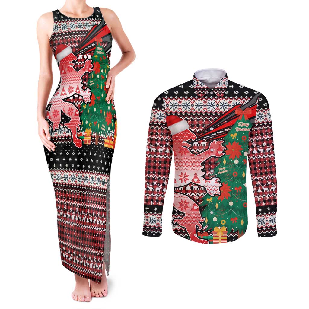 Latvia Christmas Couples Matching Tank Maxi Dress and Long Sleeve Button Shirt with Red Lion, Holiday Tree, and Nordic Pattern Design - Wonder Print Shop