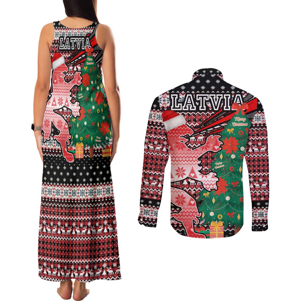 Latvia Christmas Couples Matching Tank Maxi Dress and Long Sleeve Button Shirt with Red Lion, Holiday Tree, and Nordic Pattern Design - Wonder Print Shop