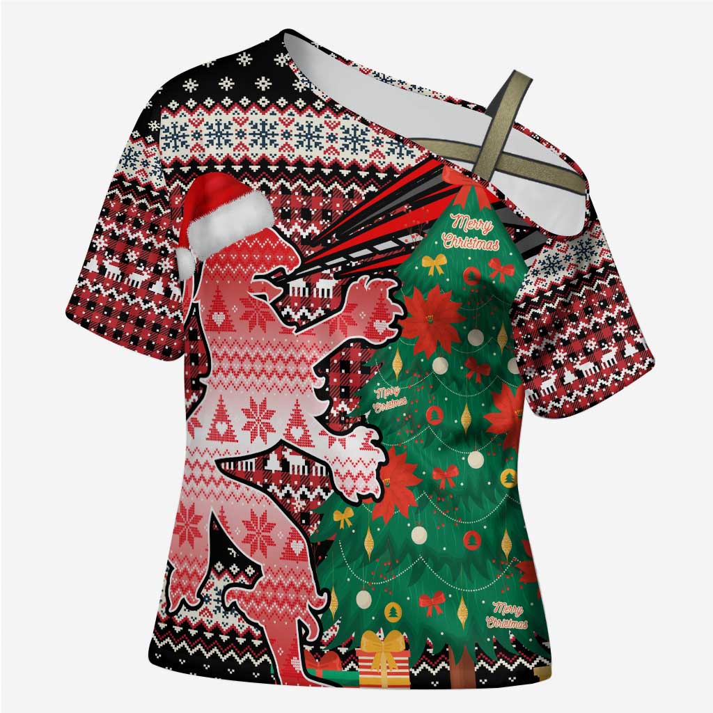 Latvia Christmas Cross Shoulder Shirt with Red Lion, Holiday Tree, and Nordic Pattern Design - Wonder Print Shop