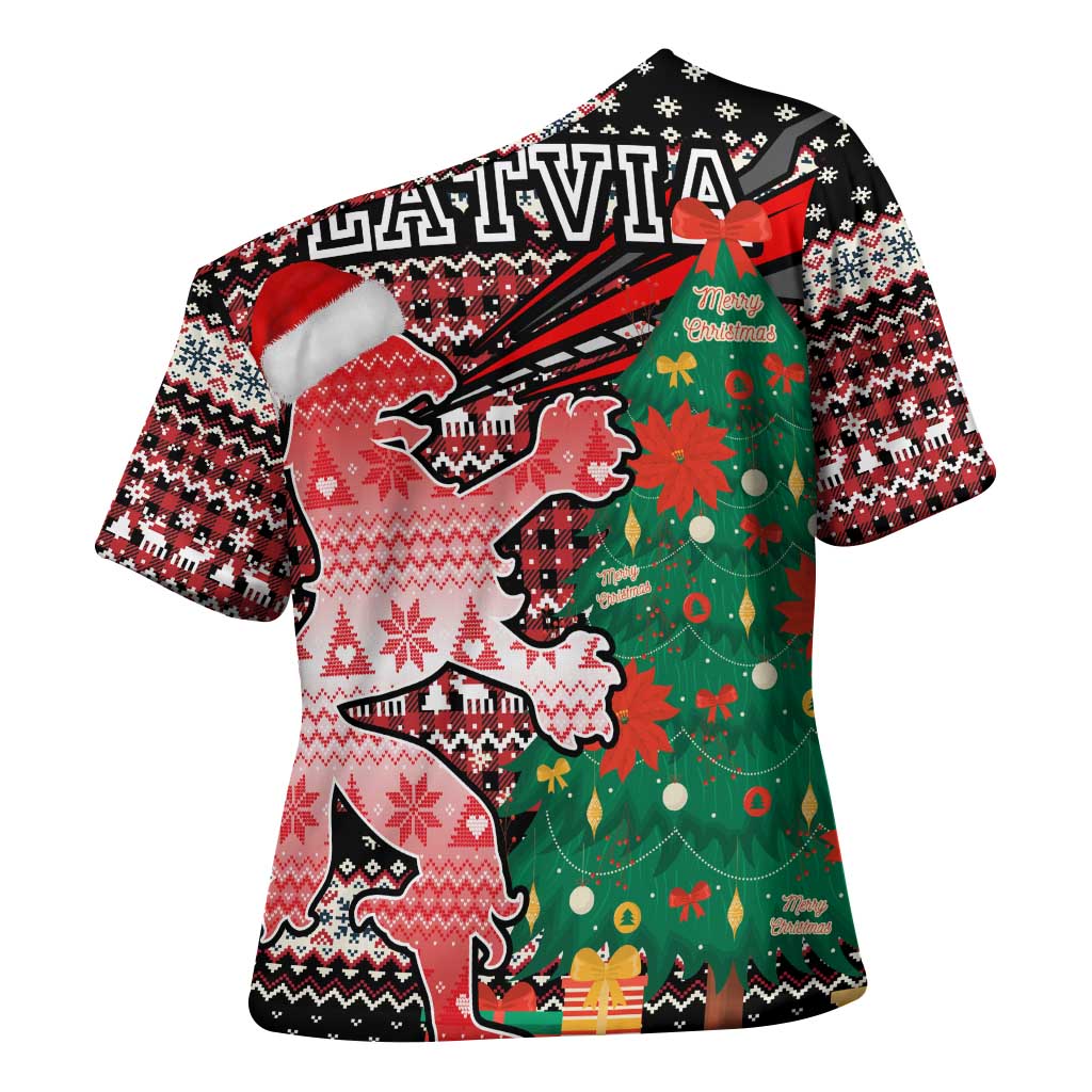 Latvia Christmas Cross Shoulder Shirt with Red Lion, Holiday Tree, and Nordic Pattern Design - Wonder Print Shop