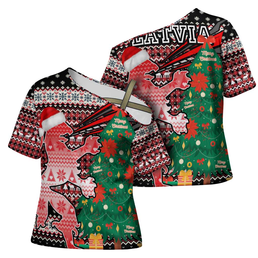 Latvia Christmas Cross Shoulder Shirt with Red Lion, Holiday Tree, and Nordic Pattern Design - Wonder Print Shop