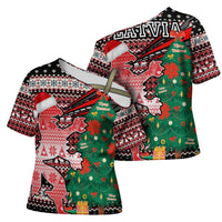 Latvia Christmas Cross Shoulder Shirt with Red Lion, Holiday Tree, and Nordic Pattern Design - Wonder Print Shop