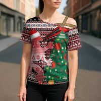 Latvia Christmas Cross Shoulder Shirt with Red Lion, Holiday Tree, and Nordic Pattern Design - Wonder Print Shop