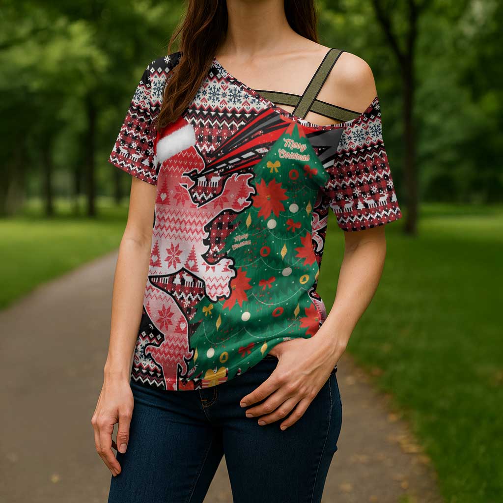 Latvia Christmas Cross Shoulder Shirt with Red Lion, Holiday Tree, and Nordic Pattern Design - Wonder Print Shop