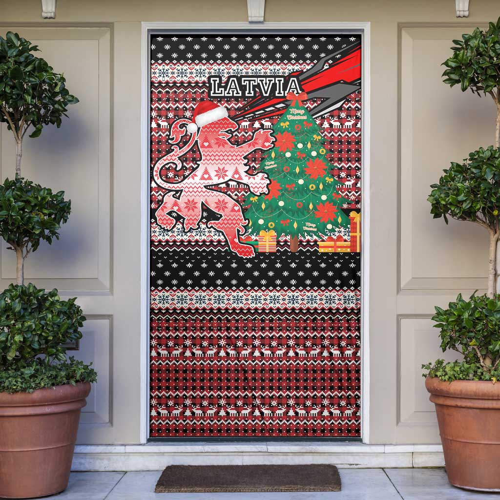 Latvia Christmas Door Cover with Red Lion, Holiday Tree, and Nordic Pattern Design - Wonder Print Shop