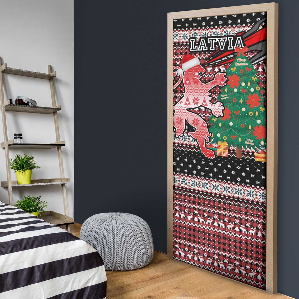 Latvia Christmas Door Cover with Red Lion, Holiday Tree, and Nordic Pattern Design - Wonder Print Shop