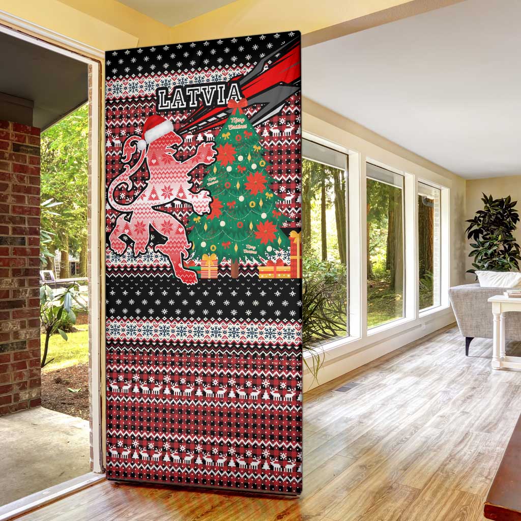 Latvia Christmas Door Cover with Red Lion, Holiday Tree, and Nordic Pattern Design - Wonder Print Shop