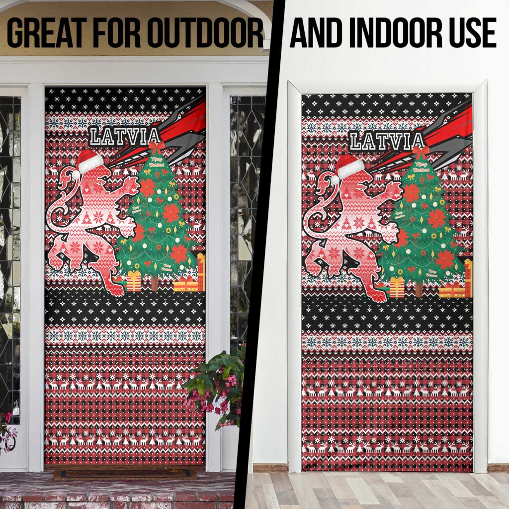 Latvia Christmas Door Cover with Red Lion, Holiday Tree, and Nordic Pattern Design - Wonder Print Shop