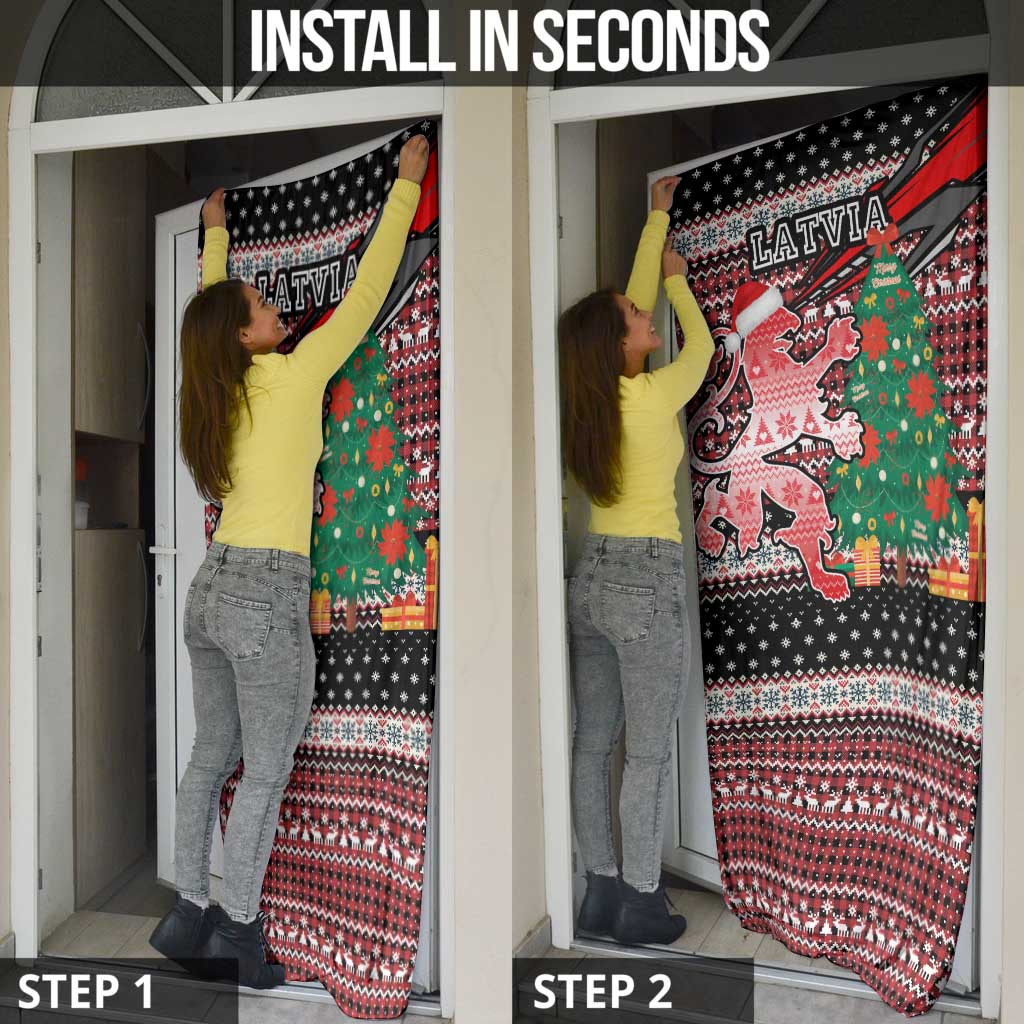 Latvia Christmas Door Cover with Red Lion, Holiday Tree, and Nordic Pattern Design - Wonder Print Shop