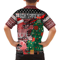Latvia Christmas Family Matching Long Sleeve Bodycon Dress and Hawaiian Shirt with Red Lion, Holiday Tree, and Nordic Pattern Design - Wonder Print Shop
