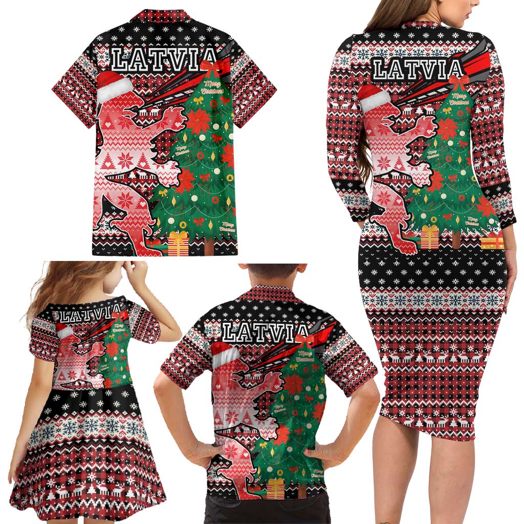Latvia Christmas Family Matching Long Sleeve Bodycon Dress and Hawaiian Shirt with Red Lion, Holiday Tree, and Nordic Pattern Design - Wonder Print Shop