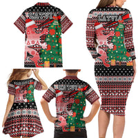 Latvia Christmas Family Matching Long Sleeve Bodycon Dress and Hawaiian Shirt with Red Lion, Holiday Tree, and Nordic Pattern Design - Wonder Print Shop