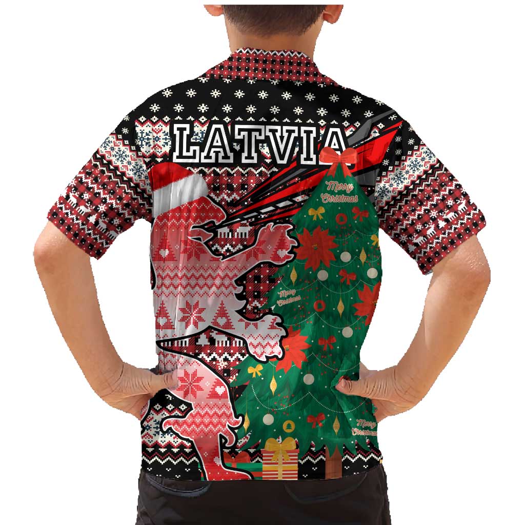 Latvia Christmas Family Matching Mermaid Dress and Hawaiian Shirt with Red Lion, Holiday Tree, and Nordic Pattern Design - Wonder Print Shop