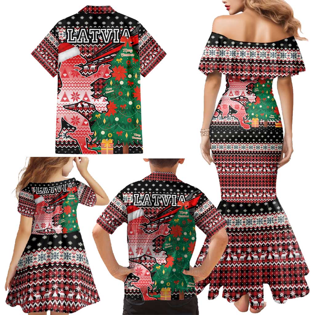 Latvia Christmas Family Matching Mermaid Dress and Hawaiian Shirt with Red Lion, Holiday Tree, and Nordic Pattern Design - Wonder Print Shop