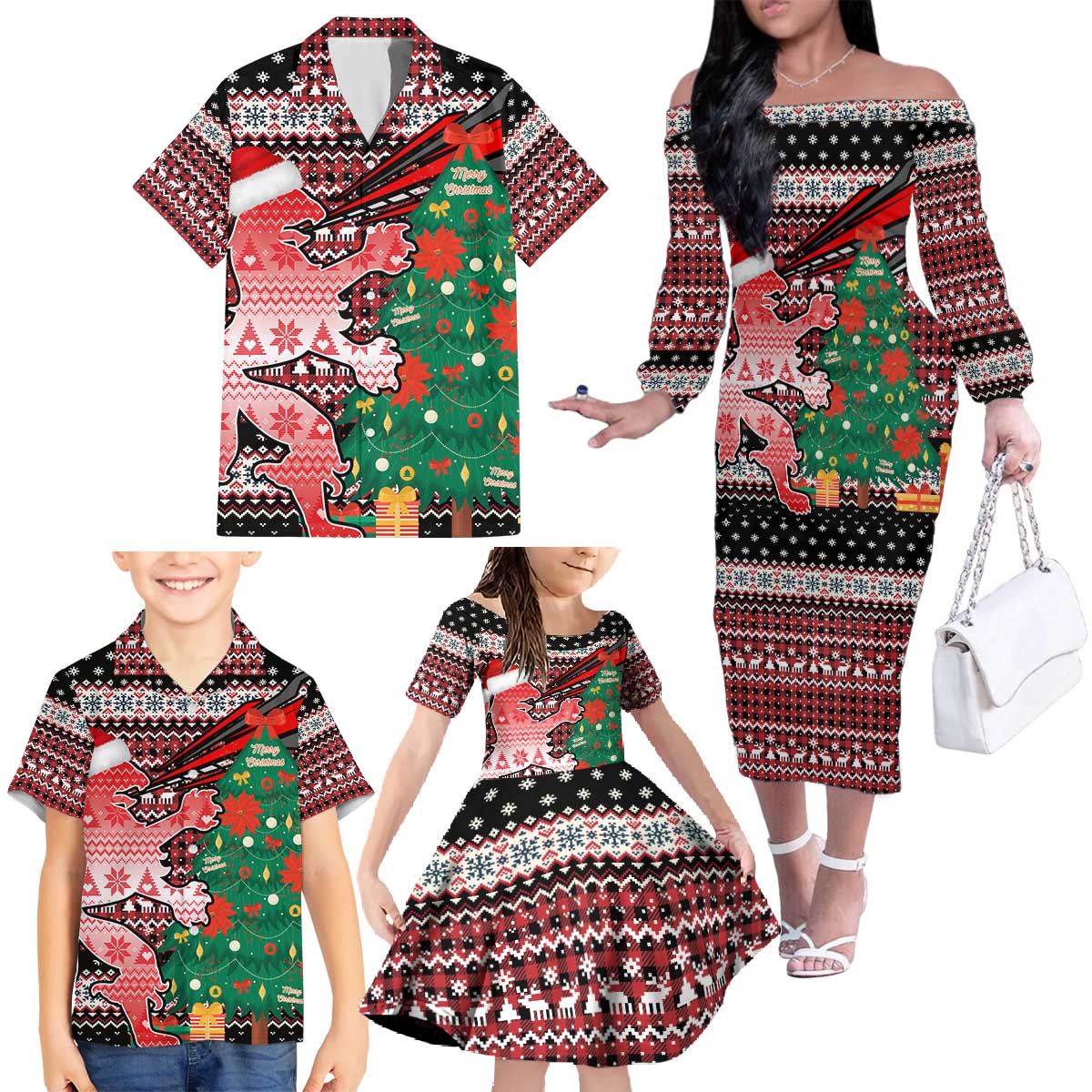 Latvia Christmas Family Matching Off The Shoulder Long Sleeve Dress and Hawaiian Shirt with Red Lion, Holiday Tree, and Nordic Pattern Design - Wonder Print Shop