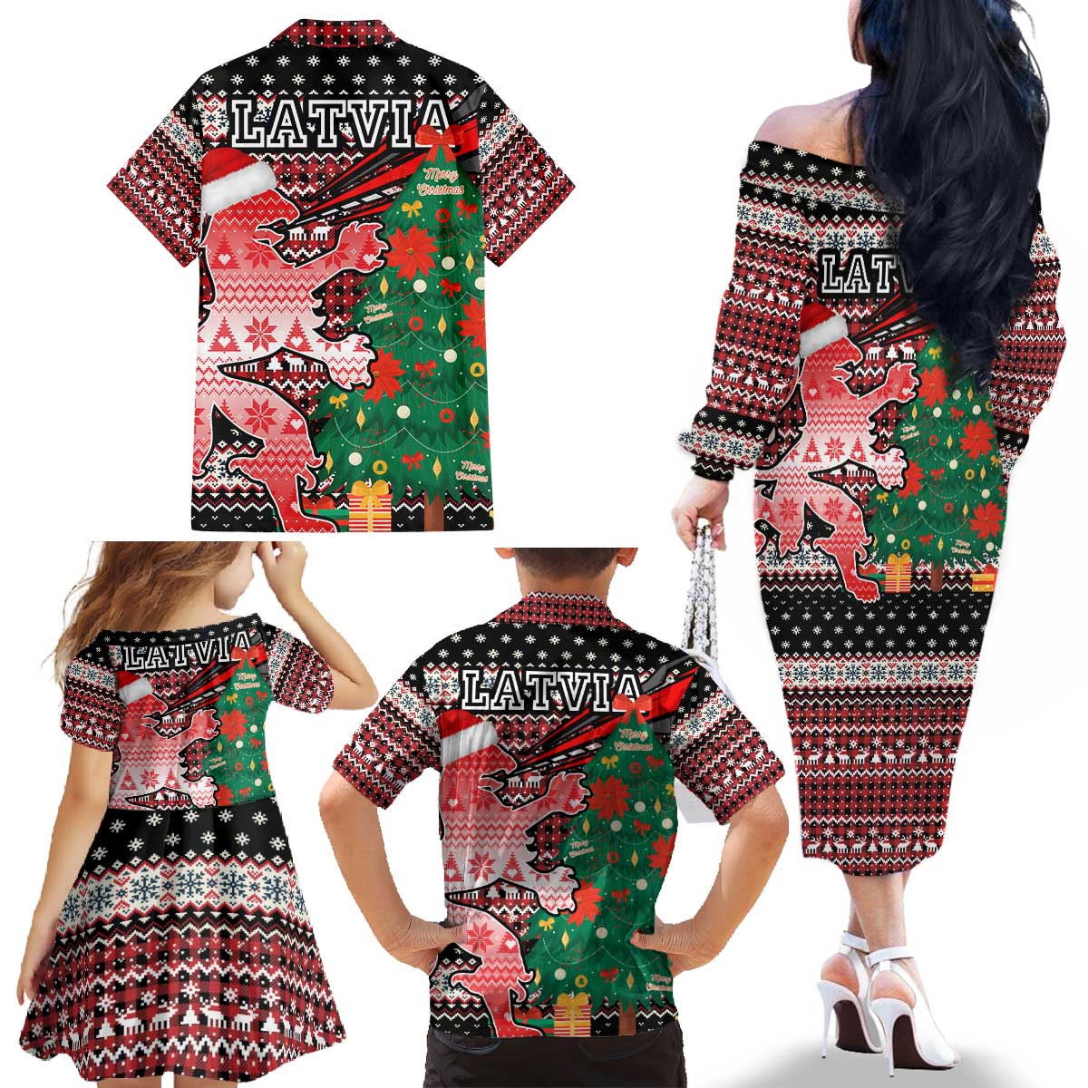 Latvia Christmas Family Matching Off The Shoulder Long Sleeve Dress and Hawaiian Shirt with Red Lion, Holiday Tree, and Nordic Pattern Design - Wonder Print Shop