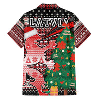 Latvia Christmas Family Matching Off The Shoulder Long Sleeve Dress and Hawaiian Shirt with Red Lion, Holiday Tree, and Nordic Pattern Design - Wonder Print Shop