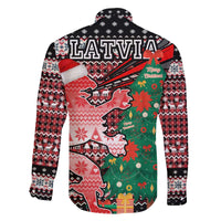 Latvia Christmas Family Matching Off The Shoulder Long Sleeve Dress and Hawaiian Shirt with Red Lion, Holiday Tree, and Nordic Pattern Design - Wonder Print Shop