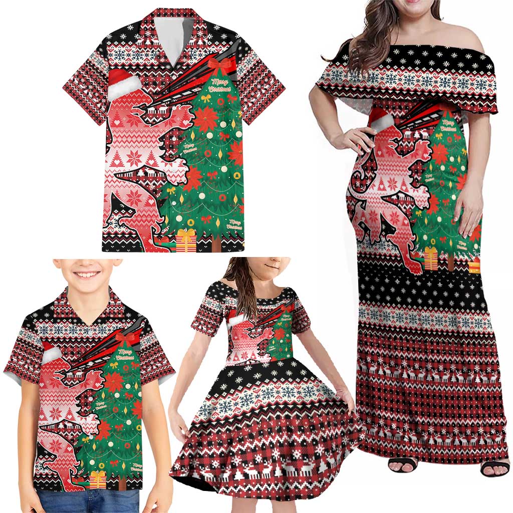 Latvia Christmas Family Matching Off Shoulder Maxi Dress and Hawaiian Shirt with Red Lion, Holiday Tree, and Nordic Pattern Design - Wonder Print Shop