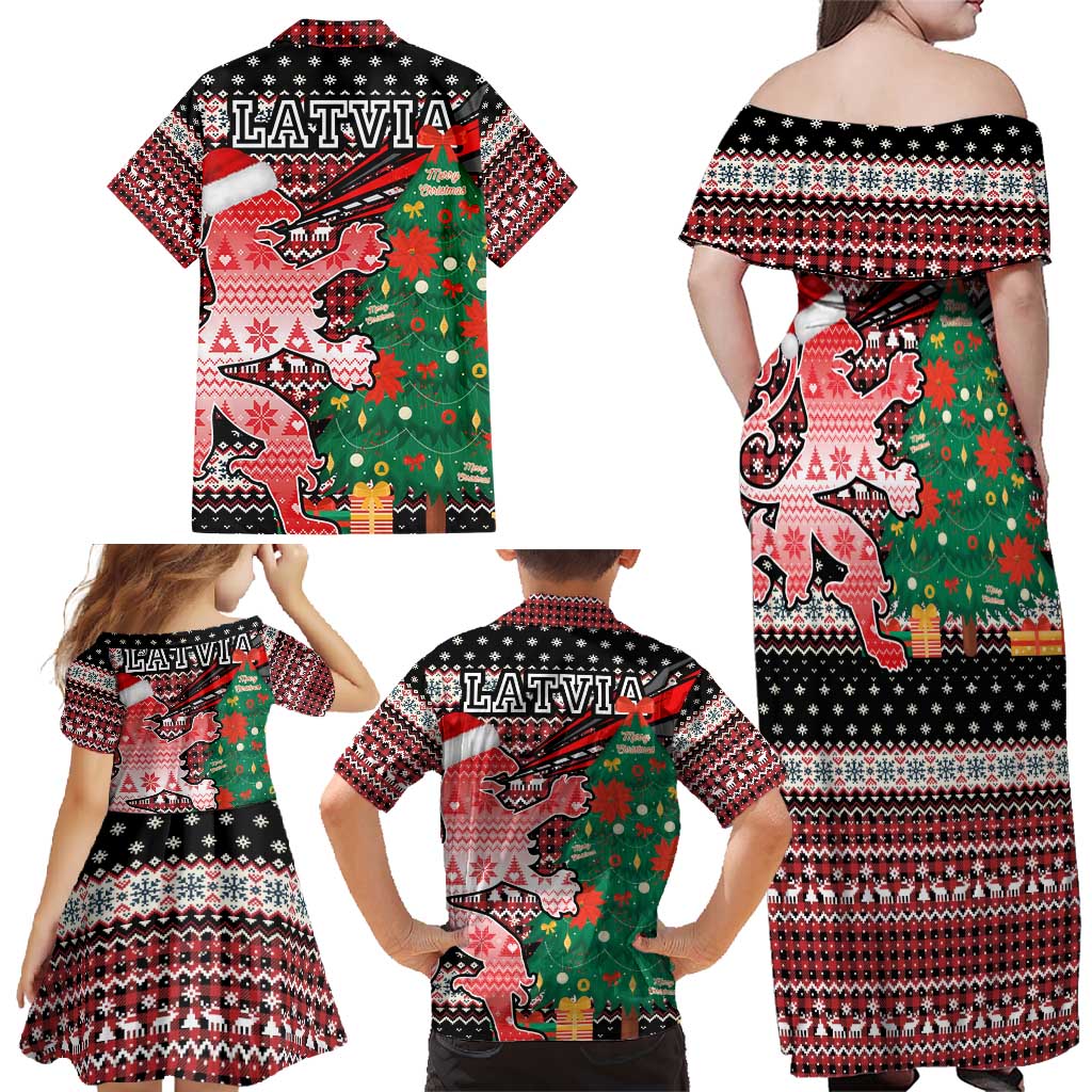 Latvia Christmas Family Matching Off Shoulder Maxi Dress and Hawaiian Shirt with Red Lion, Holiday Tree, and Nordic Pattern Design - Wonder Print Shop