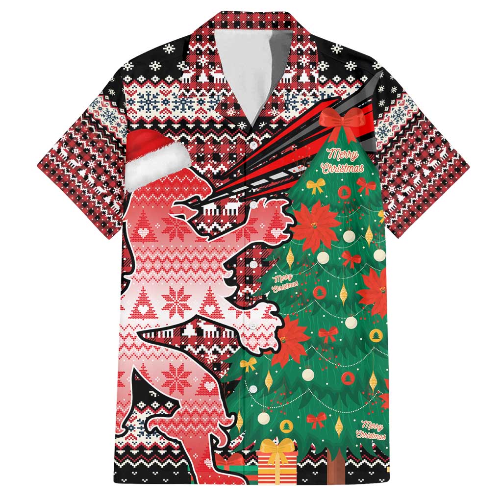 Latvia Christmas Family Matching Off Shoulder Maxi Dress and Hawaiian Shirt with Red Lion, Holiday Tree, and Nordic Pattern Design - Wonder Print Shop