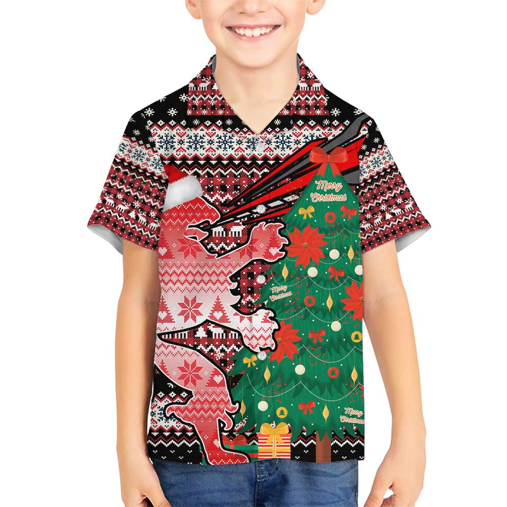 Latvia Christmas Family Matching Off Shoulder Short Dress and Hawaiian Shirt with Red Lion, Holiday Tree, and Nordic Pattern Design - Wonder Print Shop