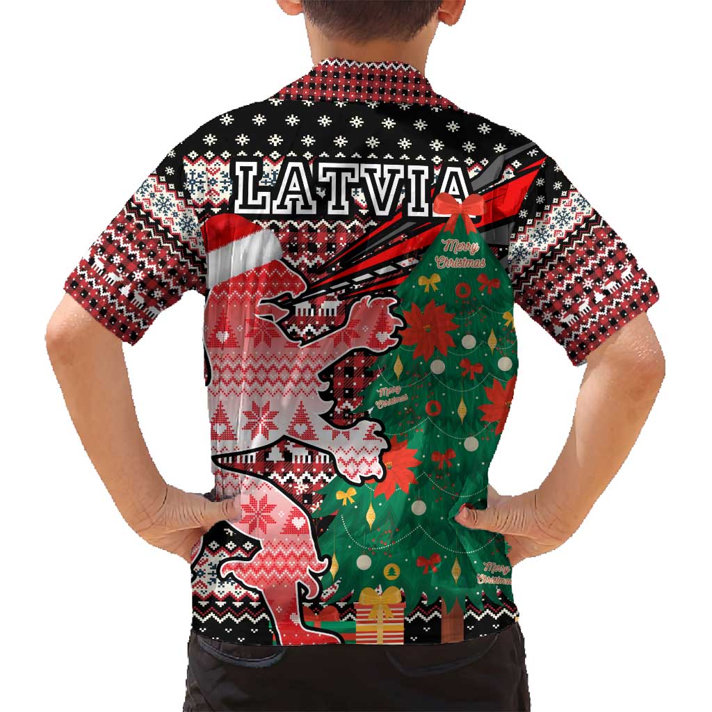 Latvia Christmas Family Matching Puletasi and Hawaiian Shirt with Red Lion, Holiday Tree, and Nordic Pattern Design - Wonder Print Shop