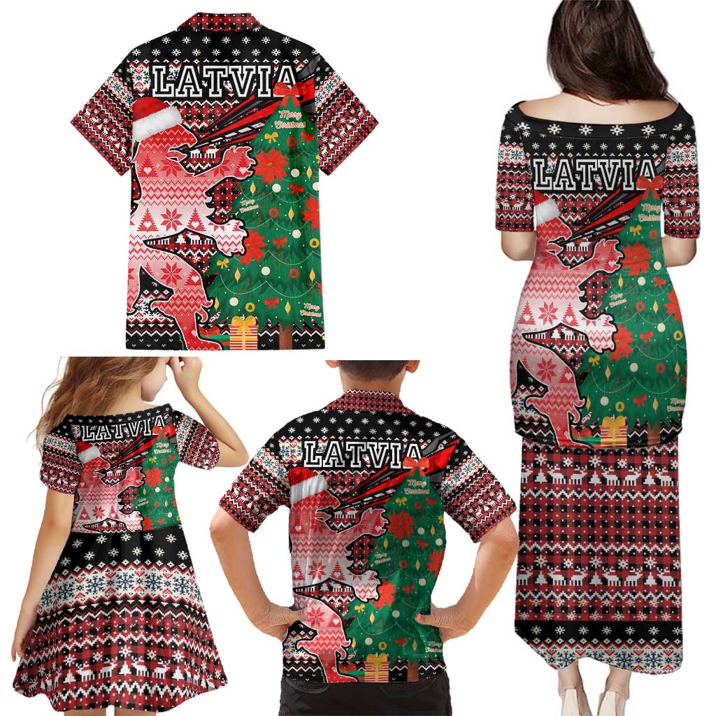 Latvia Christmas Family Matching Puletasi and Hawaiian Shirt with Red Lion, Holiday Tree, and Nordic Pattern Design - Wonder Print Shop