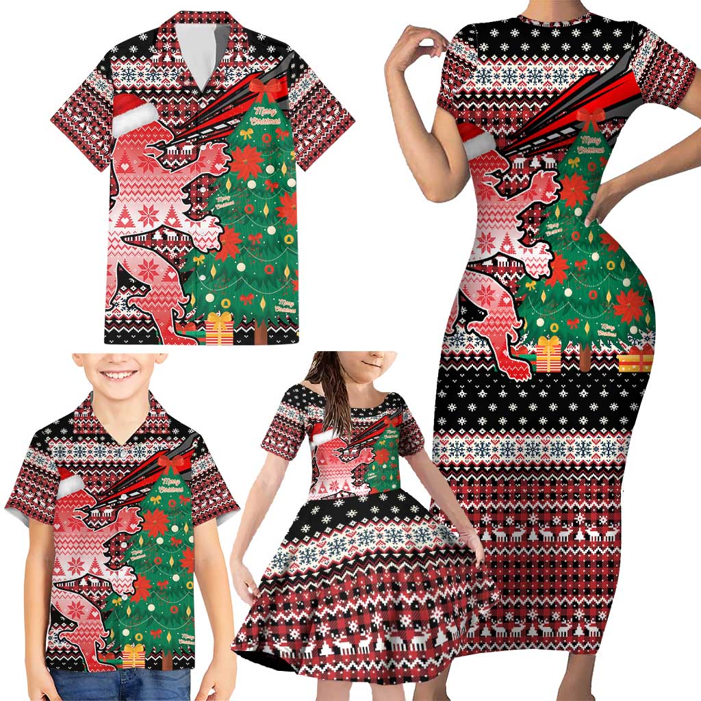 Latvia Christmas Family Matching Short Sleeve Bodycon Dress and Hawaiian Shirt with Red Lion, Holiday Tree, and Nordic Pattern Design - Wonder Print Shop
