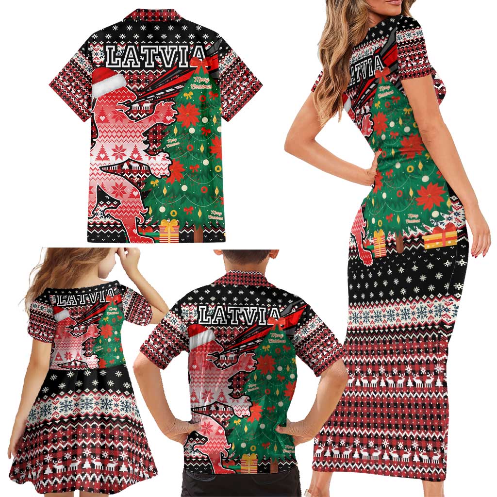 Latvia Christmas Family Matching Short Sleeve Bodycon Dress and Hawaiian Shirt with Red Lion, Holiday Tree, and Nordic Pattern Design - Wonder Print Shop