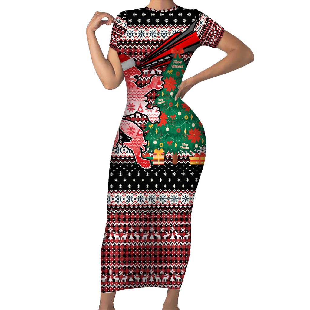 Latvia Christmas Family Matching Short Sleeve Bodycon Dress and Hawaiian Shirt with Red Lion, Holiday Tree, and Nordic Pattern Design - Wonder Print Shop