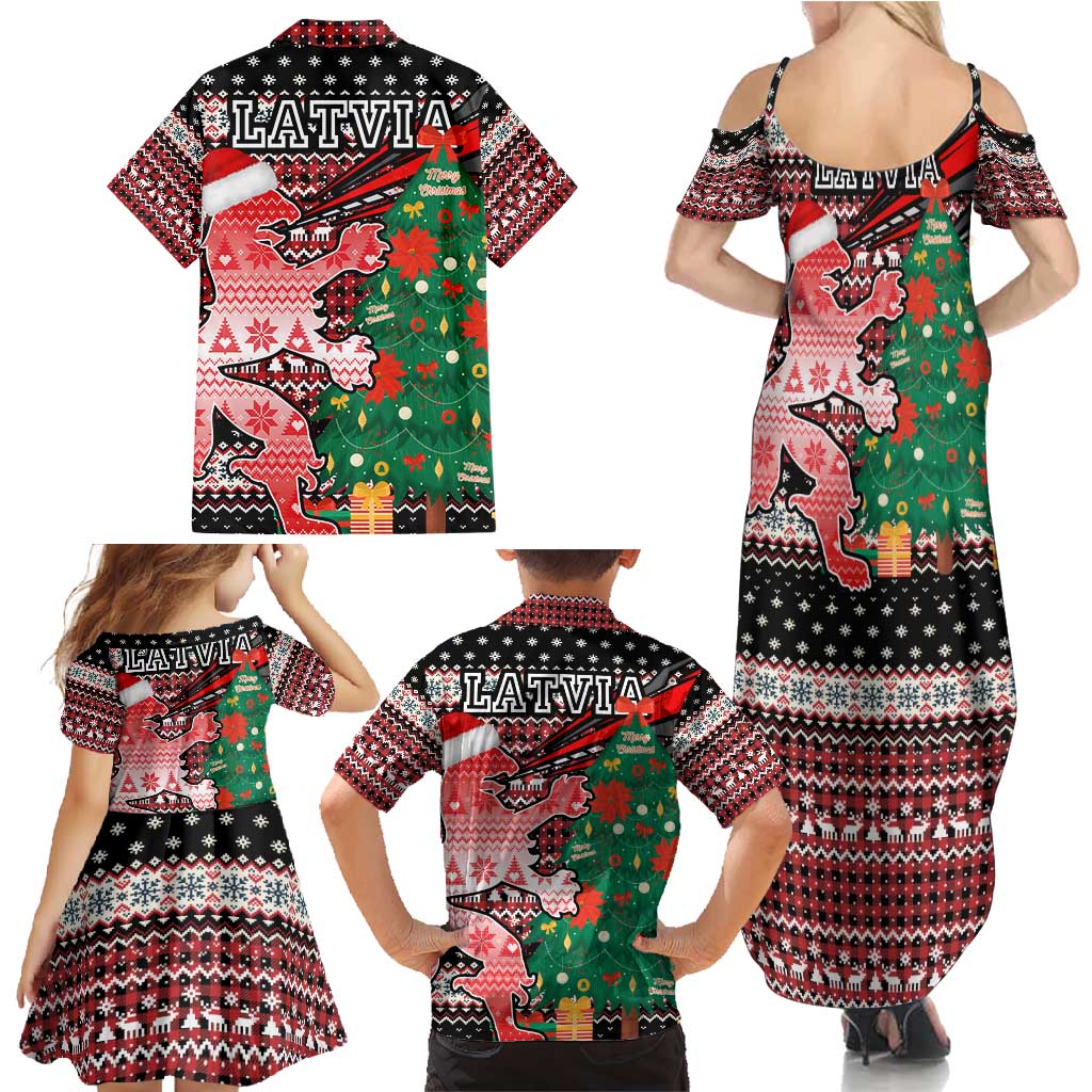 Latvia Christmas Family Matching Summer Maxi Dress and Hawaiian Shirt with Red Lion, Holiday Tree, and Nordic Pattern Design - Wonder Print Shop
