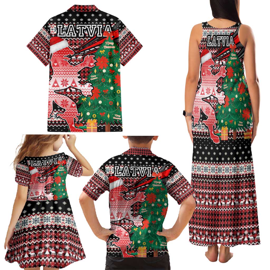 Latvia Christmas Family Matching Tank Maxi Dress and Hawaiian Shirt with Red Lion, Holiday Tree, and Nordic Pattern Design - Wonder Print Shop