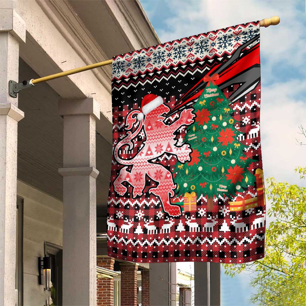 Latvia Christmas Garden Flag with Red Lion, Holiday Tree, and Nordic Pattern Design - Wonder Print Shop