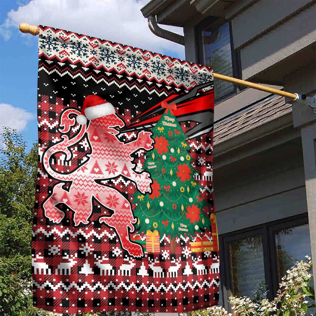 Latvia Christmas Garden Flag with Red Lion, Holiday Tree, and Nordic Pattern Design - Wonder Print Shop