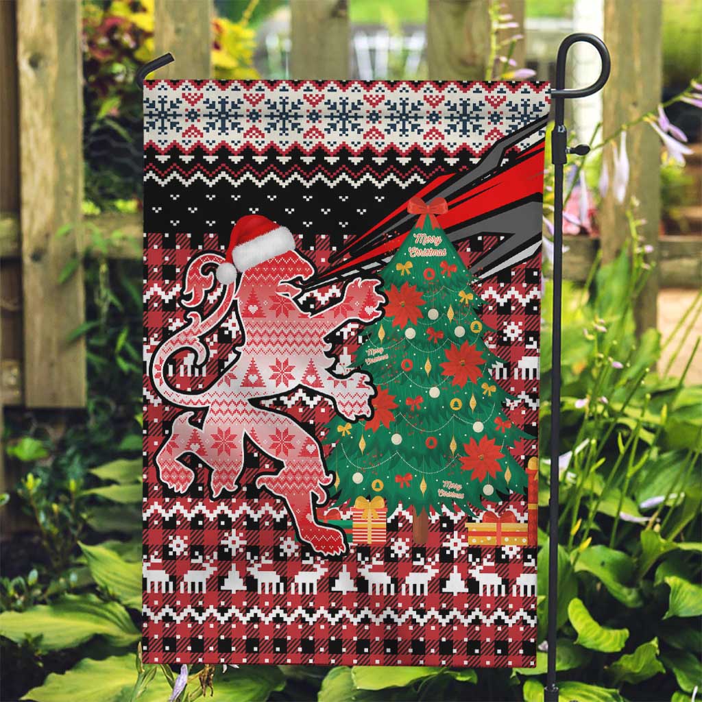 Latvia Christmas Garden Flag with Red Lion, Holiday Tree, and Nordic Pattern Design - Wonder Print Shop