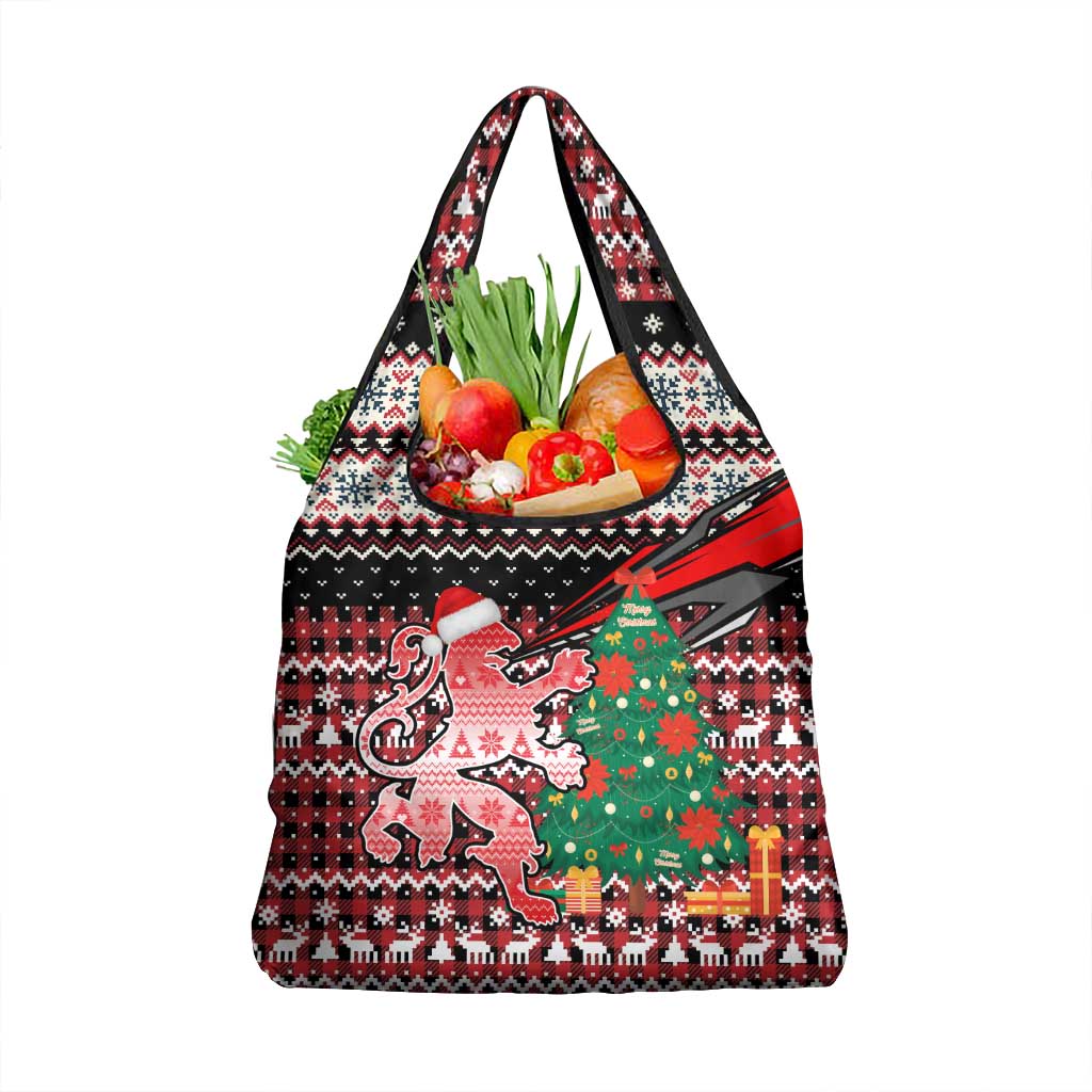 Latvia Christmas Grocery Bag with Red Lion, Holiday Tree, and Nordic Pattern Design - Wonder Print Shop