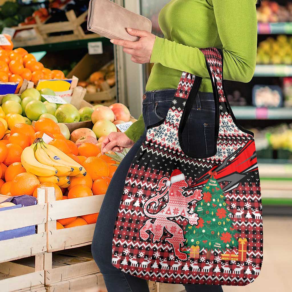 Latvia Christmas Grocery Bag with Red Lion, Holiday Tree, and Nordic Pattern Design - Wonder Print Shop