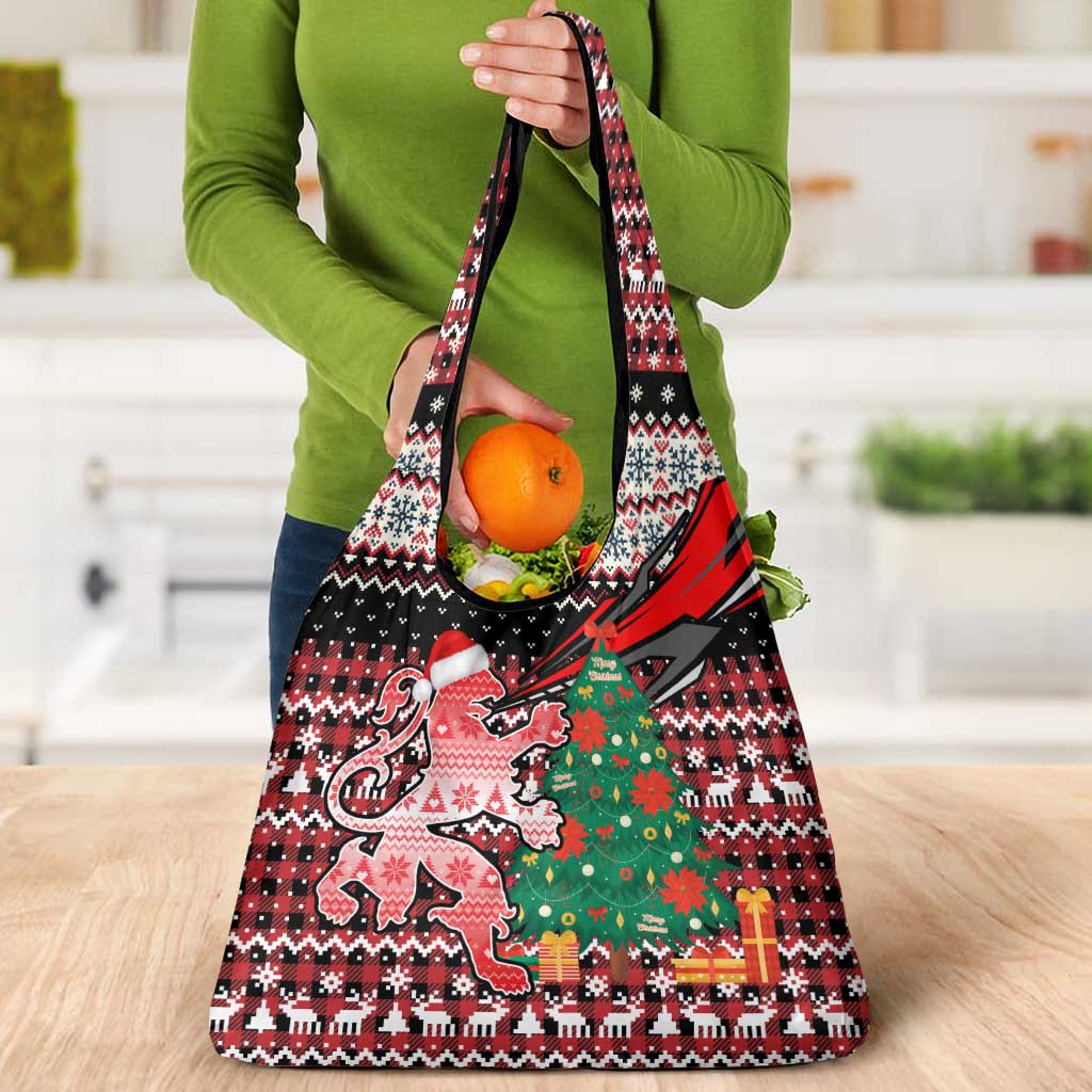 Latvia Christmas Grocery Bag with Red Lion, Holiday Tree, and Nordic Pattern Design - Wonder Print Shop